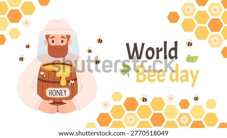World bee day greeting card. Beekeeping concept. Perfect for banners, posters, organic products branding and educational materials. Flat vector illustration