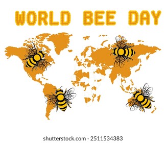 World Bee Day illustration with a global map in orange and white with four large yellow and black striped bees positioned over key continents. The top of the image displays the text "WORLD BEE DAY"