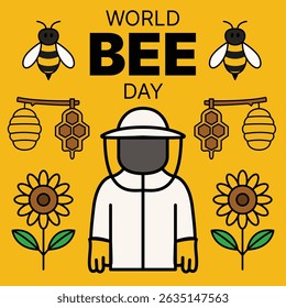 World Bee Day Illustration, A minimal, badge-style vector design for World Bee Day. Clean lines and modern aesthetic make it great for eco branding, stickers, campaign buttons, and educational labels.