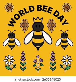 World Bee Day Illustration, A minimal, badge-style vector design for World Bee Day. Clean lines and modern aesthetic make it great for eco branding, stickers, campaign buttons, and educational labels.