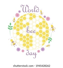 World bee day illustration. Representation of the planet in the form of honeycomb with bees and plants.