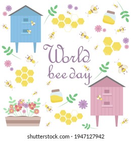 World bee day illustration. A set of pictures of bees, a bee hive, honeycomb, a jar of honey, flowers and plants.