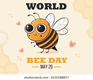 World bee day. International holiday and festival 20 May. Honeybee with honeycomb, apiary. Calligraphy hand lettering with cute black yellow insects. Cartoon flat vector illustration