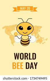 World Bee Day, May 20. Cute smiling bee, a map of the world from the honeycomb. Template for a postcard, banner, greeting card, post for social networks or stories