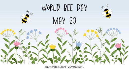 World bee day, May 20. A day to support biodiversity and protect bees. Banner with flying bees and pastel colored flowers.