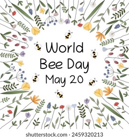 Der Weltbienentag am 20. Mai. Quadratisches Poster mit Bienen und bunten Blumen.
