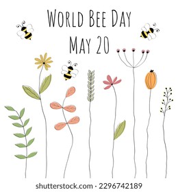 Weltbientag, 20. Mai. Poster mit hübschen Bienen und Blumen.