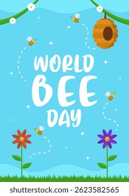 World bee day poster greeting template with beehive, flowers, and bees on blue. Bee day background