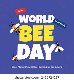 Día Mundial de las Abejas Anuncio simple y mínimo. 20 de mayo celebración del Día Mundial de las Abejas Anuncio conceptual con tipografía e iconos de abejas sobre fondo de color púrpura. 20 de mayo de 2024 tema Abeja comprometida con la juventud.
