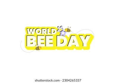 World Bee Day Typographic Design. Trendy Retro emblem, flying cartoon bees with cute hand drawn flowers. Editable Vector Illustration. EPS 10.