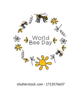 
World Bee Day Vector Design Illustration For Celebrate Moment. Flowers, bees and honey on white background. Doodle style vector
