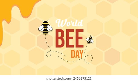 Diseño del Vector del día mundial de la abeja. Fondo Plantilla patrón de panal blanco e ilustración de abeja