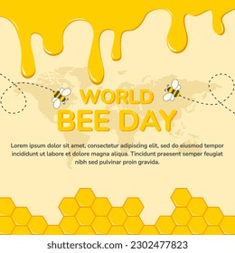 World Bee Day vector illustration with honey, honeycomb and cute bees. Easy to edit vector template for banner, poster, flyer, sticker, postcard, t-shirt, etc