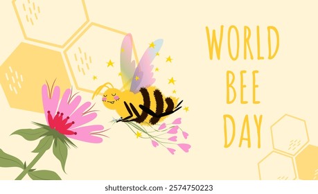 World Bee Day vector illustration with cute bee, flower, honeycomb. Horizontal template concept for banner, poster, web, flier