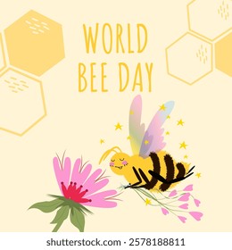 World Bee Day vector illustration with cute bee, flower, honeycomb. Square template concept for banner, poster, web, flier