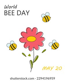 World bee day vector template. Bees over a flower with a black stroke. Vector