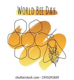 World Bee Day web banner in one line drawing style. Bumblebee insect on top of a honeycombs background. Editable stroke. Lineart Vector illustration