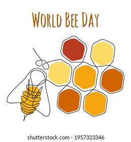 World Bee Day web banner in one line drawing style. Bumblebee on top of a honeycombs background. Editable stroke. Lineart Vector illustration