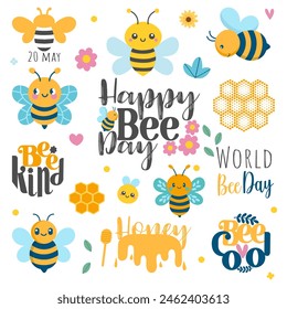 World bee sticker set. Calligraphy hand lettering and cartoon bees isolated on white. Vector template clip art for banner, flyer, sticker, postcard, print.