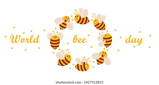 World beer day of 20 may. Banner with cute honey bees in flat-lay style for web use, printing, banners, backgrounds. Celebrating World Bee Day and caring for bees. Beekeeping and animal care