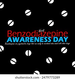 Banner des World Benzodiazepine Awareness Day. Fett Text mit Pillen auf schwarzem Hintergrund zur Erinnerung an den 11. Juli