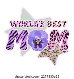 World best mom vector art with flower, animal fur texture and stars for creative modern t shirt, card, gift or print design.