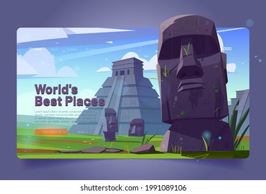 World best places cartoon landing page. Moai statues and pyramids, republic of Chile travel famous landmarks stone heads on green field of Easter Island or Rapa Nui, ancient monument vector web banner