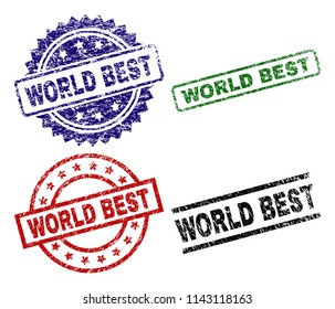 WORLD BEST seal prints with damaged style. Black, green,red,blue vector rubber prints of WORLD BEST text with grunge style. Rubber seals with circle, rectangle, rosette shapes.