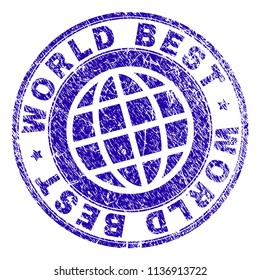 WORLD BEST stamp watermark with grunge texture. Blue vector rubber print of WORLD BEST tag with dirty texture. Seal has words arranged by circle and planet symbol.