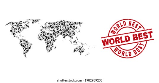 World Best strukturierte Siegel und Weltkarte Mosaik von Flugzeugteilen. Mosaike Weltkarte, konstruiert aus Flugzeugen. Rotes Siegel mit World Best-Bildunterschrift und gekratzte Gummistruktur.