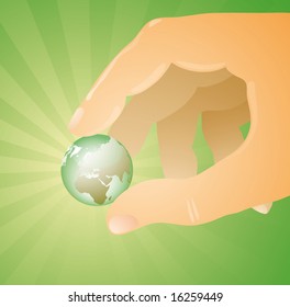 world between my fingers. Small glass world between two fingers of a giant hand. A domination or a business concept