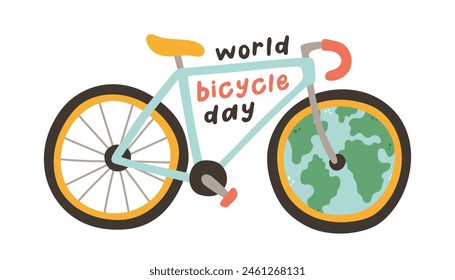 World Bicycle Day 3 June with bike and planet Earth. Can be used for poster, banner, background and wallpaper.