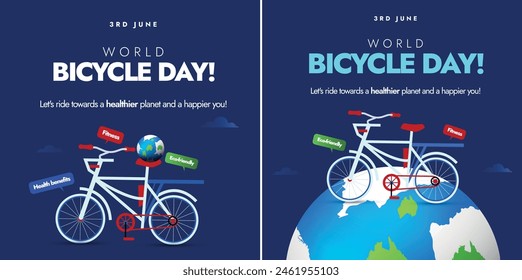 World bicycle day 3rd June celebration banners. World Bicycle day banner with bicycle and earth globe on its back seat. This day promote the health, economic benefits of cycling. Vector illustration.