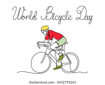 World Bicycle Day. Abstract cyclist, athlete on a bicycle,continuous one line art hand drawing sketch