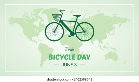 World bicycle day banner, International cycling celebration, green map in background, environment friendly travel method