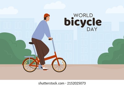 Cartel del Día Mundial de la Bicicleta. Hombre en bicicleta plegable callejera en la ilustración plana vectorial de la ciudad. Un ciclista sonriente vestido con ropa elegante montando en bicicleta. Feliz joven en bicicleta. 