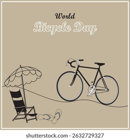 World Bicycle Day Beach Scene with Bicycle, Chair, and Umbrella - Celebration of Cycling and Summer Relaxation