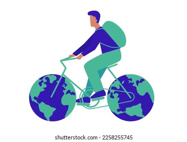 World Bicycle day. World car free day. Bicycle with green earth wheels. City without traffic, ecology concept. Co2 problem. Save world. Protect environment. Cyclist rides an eco bike
