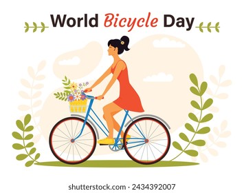 World bicycle day and car free day poster. Young woman riding bicycle on the nature background, healthy lifestyle concept. Eco friendly transport. Active lifestyle and sport 