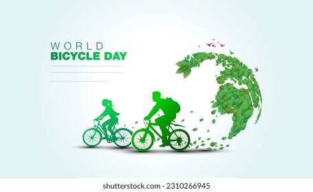 World bicycle day concept. People riding cycle around Green environment background.