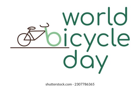World Bicycle Day. A contour bike that rides on the road. Instead of a wheel, the letter b. A bike ride. Ecological transport. Holiday card with green text on a white background. Vector illustration.