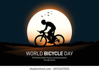 World Bicycle Day. World Bicycle Day creative background, template, banner, poster, social media post, greetings card, t-shirts etc. Promoting Health, Equity, and Sustainability through Cycling.