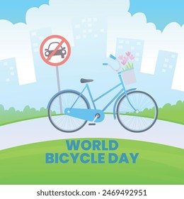 World Bicycle Day. World Bicycle Day creative background, template, banner, poster, social media post, greetings card, t-shirts etc. Promoting Health, Equity, and Sustainability through Cycling.