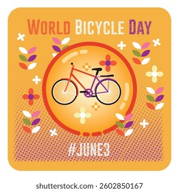 World Bicycle Day featuring a vibrant bicycle surrounded by decorative flowers. the joy of cycling and sustainable transport. World bicycle day concept. Flat vector illustration 