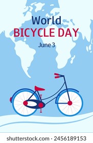 Diseño plano del Día Mundial de la Bicicleta. 3 de junio. Anuncio, tarjetas de felicitación, presentación, volante.