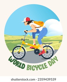 World bicycle day. girl riding a bicycle landscape background. Go Green Save Environment banner poster