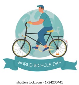 World bicycle day, greeting card, poster stock vector illustration. Sport lifestyle. Man riding on bike, text World bicycle day, planet Earth. Abstract, stylish composition.