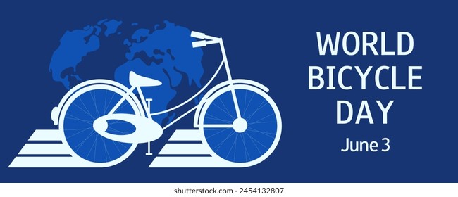 World Bicycle Day illustration. June 3. Car free day. Blue  horizontal greeting card, banner, poster. 