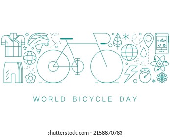 World Bicycle Day. June 3. Holiday concept. Bicycle icon and helmet, jersey, shorts, flowers, leaves vector illustration. Bike silhouette and world map. Bicycle and Earth