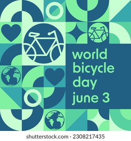 World Bicycle Day. June 3. Holiday concept. Template for background, banner, card, poster with text inscription. Vector EPS10 illustration